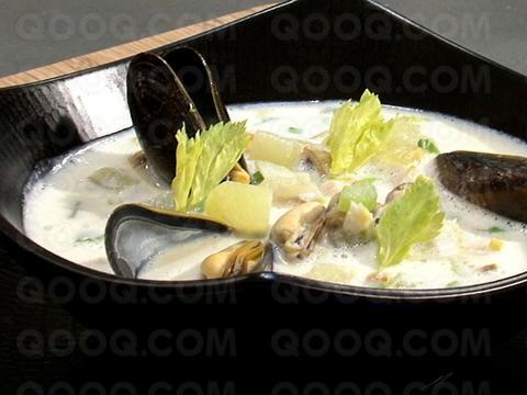 Buttermilk Soup with Mussels, Haddock, Potatoes and Celery